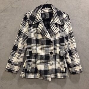 George Plaid Peacoat Women Size L 12-14 Black White Tartan Dark Academia Preppy‎